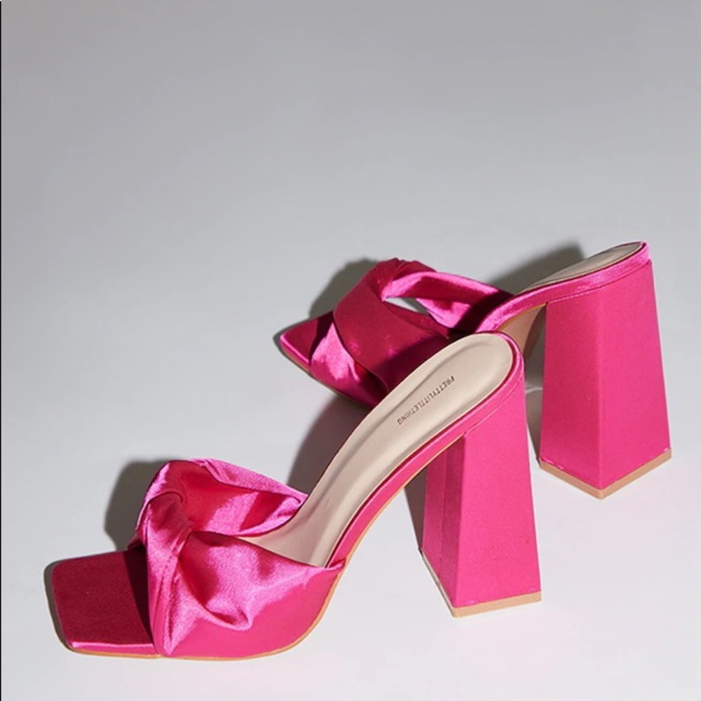 Hot Pink Satin Knotted High Flare Block Heel Mules